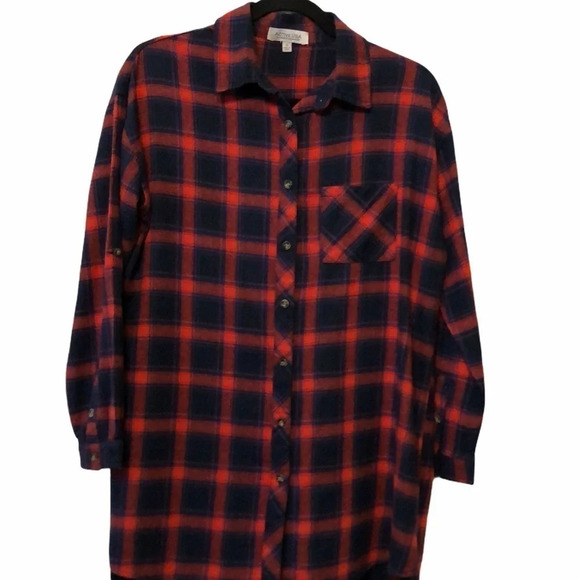 Plaid Tunic Button Up Flannel Top Red & Navy Sz. S - Picture 1 of 3